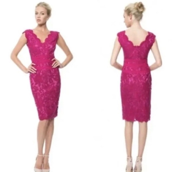 TADASHI SHOJI Embroidered Lace V- Neck Dress Fuchsia Magenta Size 6 - Picture 1 of 11